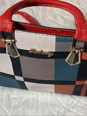 Red-Trim Plaid Satchel Handbag